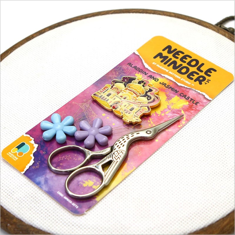 Awesome Pattern Studio Needle Minder Set - Aladdin and Jasmin Castle Magnetic Needle Minder + 2 Needle Threaders + Crane Scissors. Enamel Pin for Cross Stitch, Embroidery and Craft - Image 3